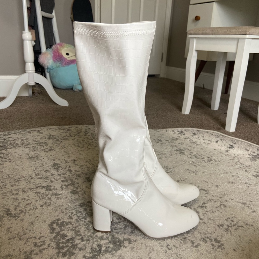 Knee high white boots